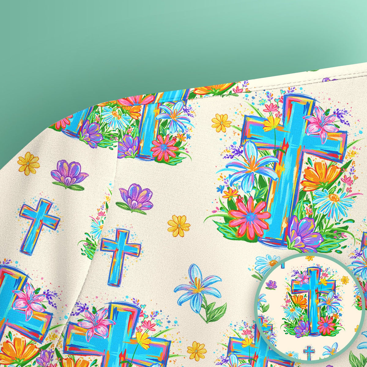 Christian Floral Cross Spring Pattern Scrub Top, Comfortable Scrubs for Nurses