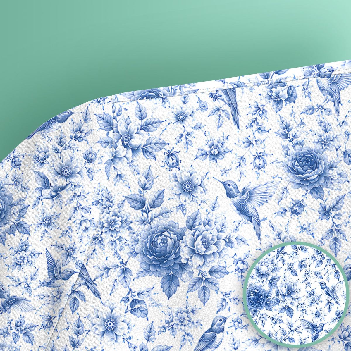 Blue Floral Hummingbird Toile Nurse Scrub Top