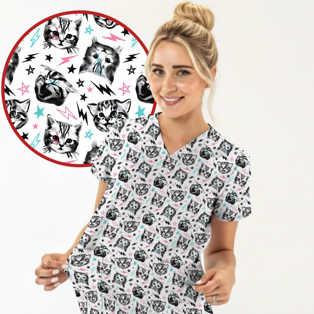 Cat Faces Lightning Nurse Scrub Top