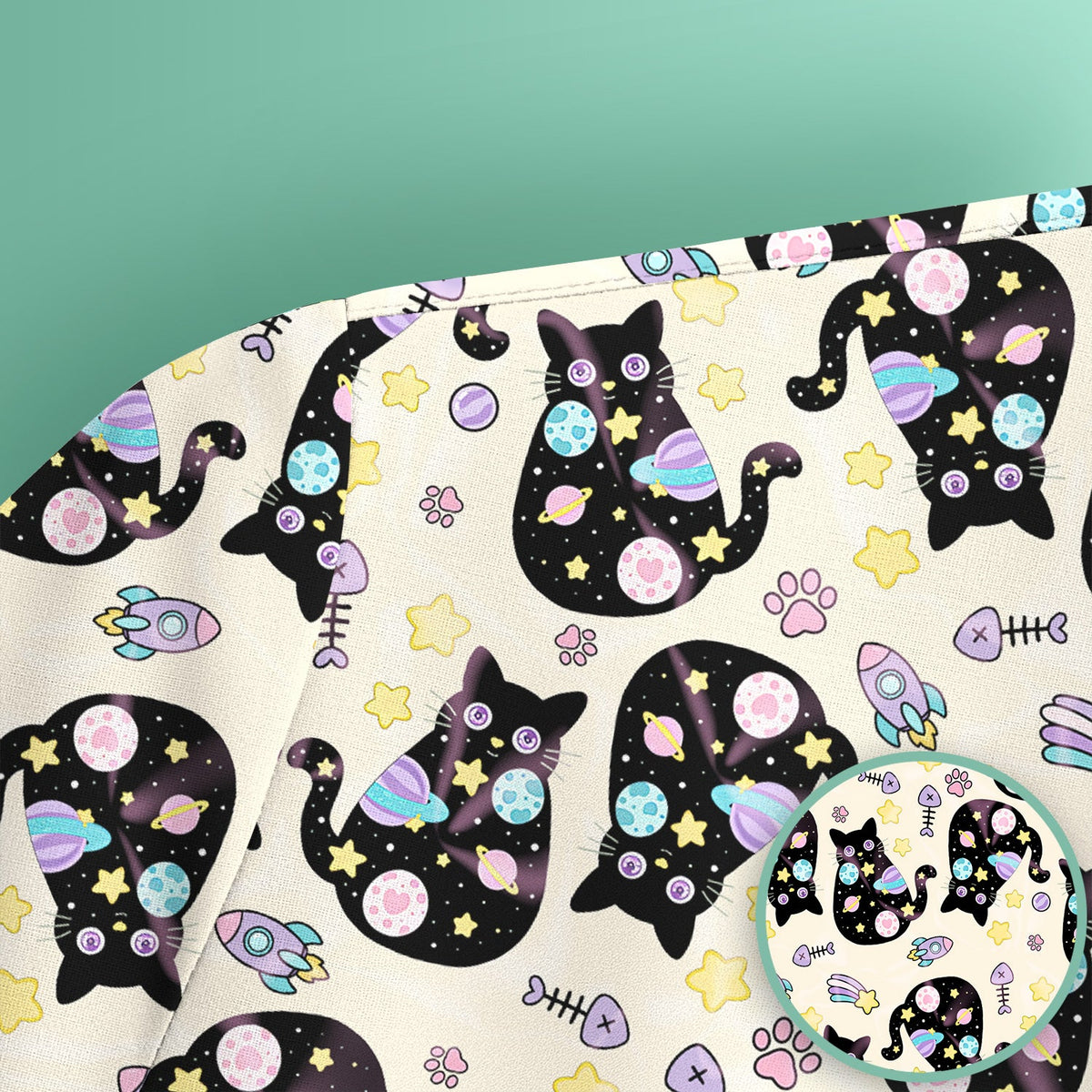 Galaxy Black Cat Space Nurse Scrub Top