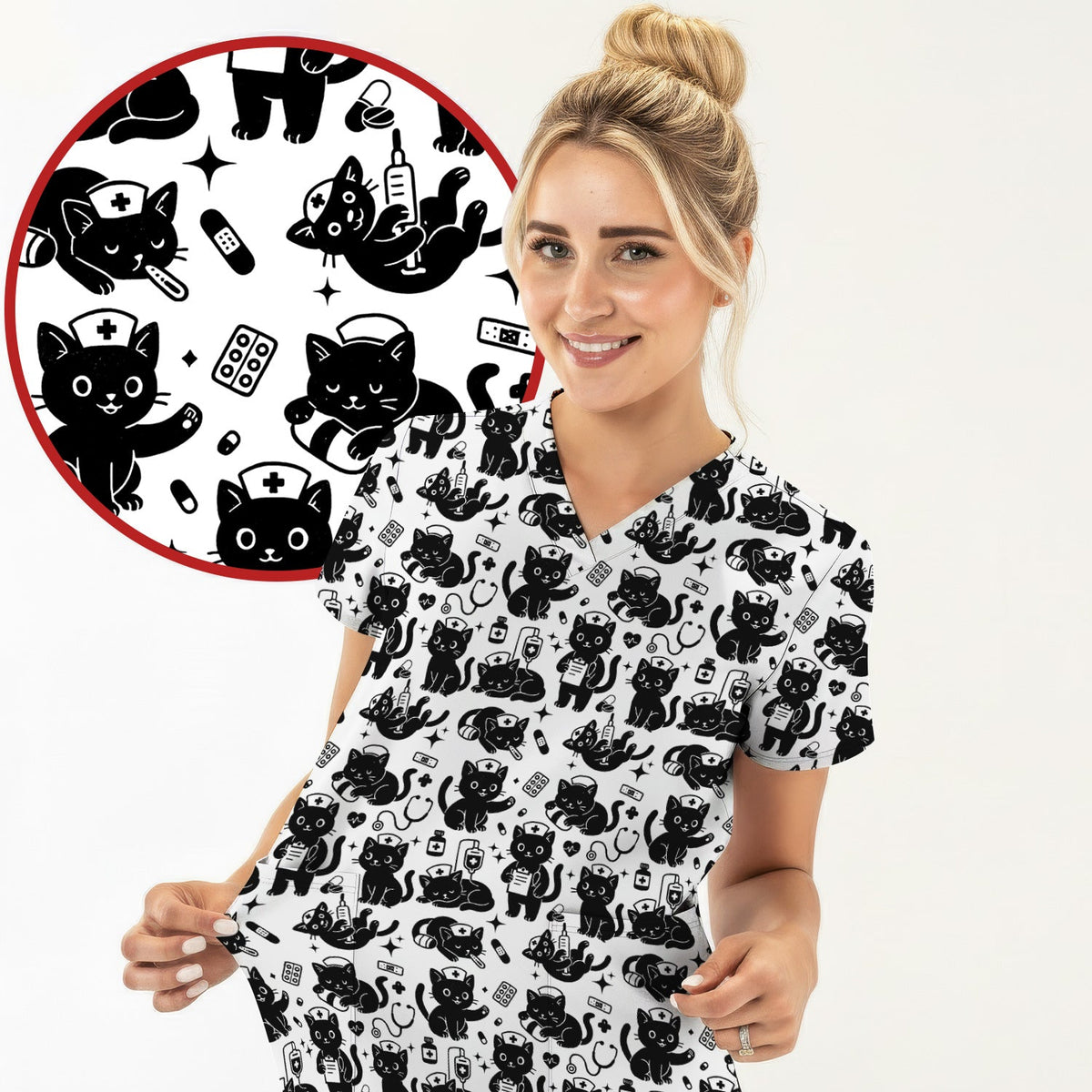 Cute White Black Cat Nurse Scrub Set