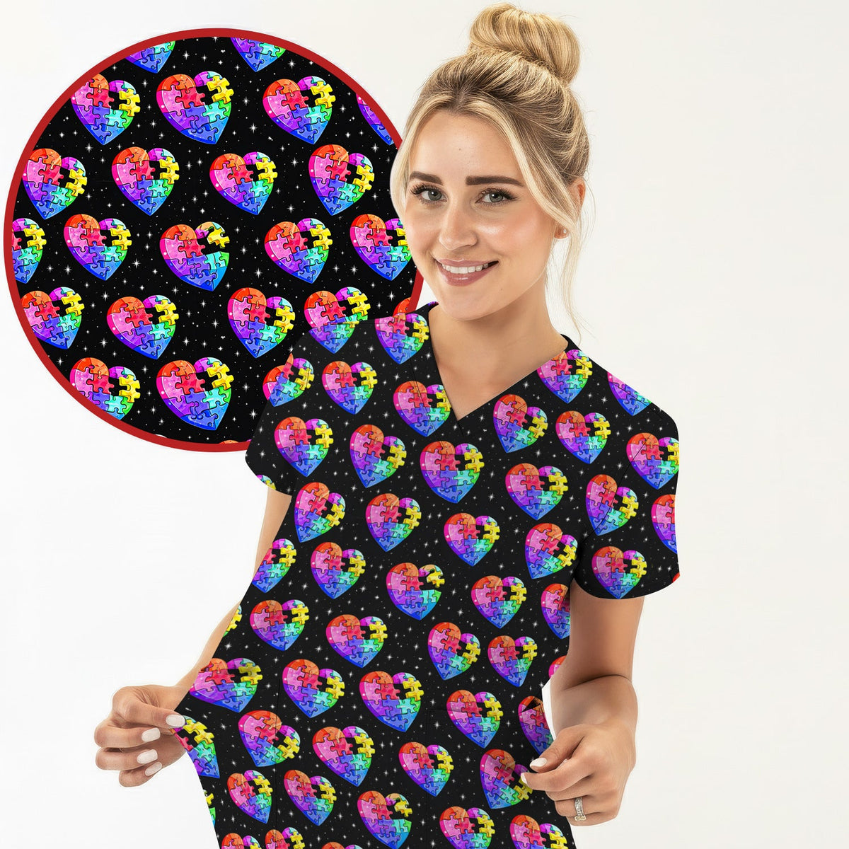 Personalized Rainbow Autism Heart Nurse Scrub Top