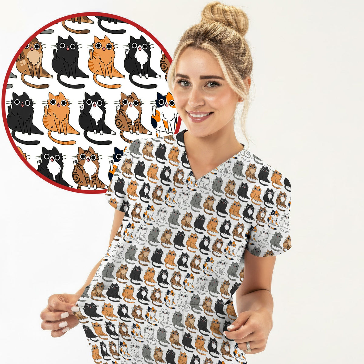Cat Pattern Nurse Scrub Top
