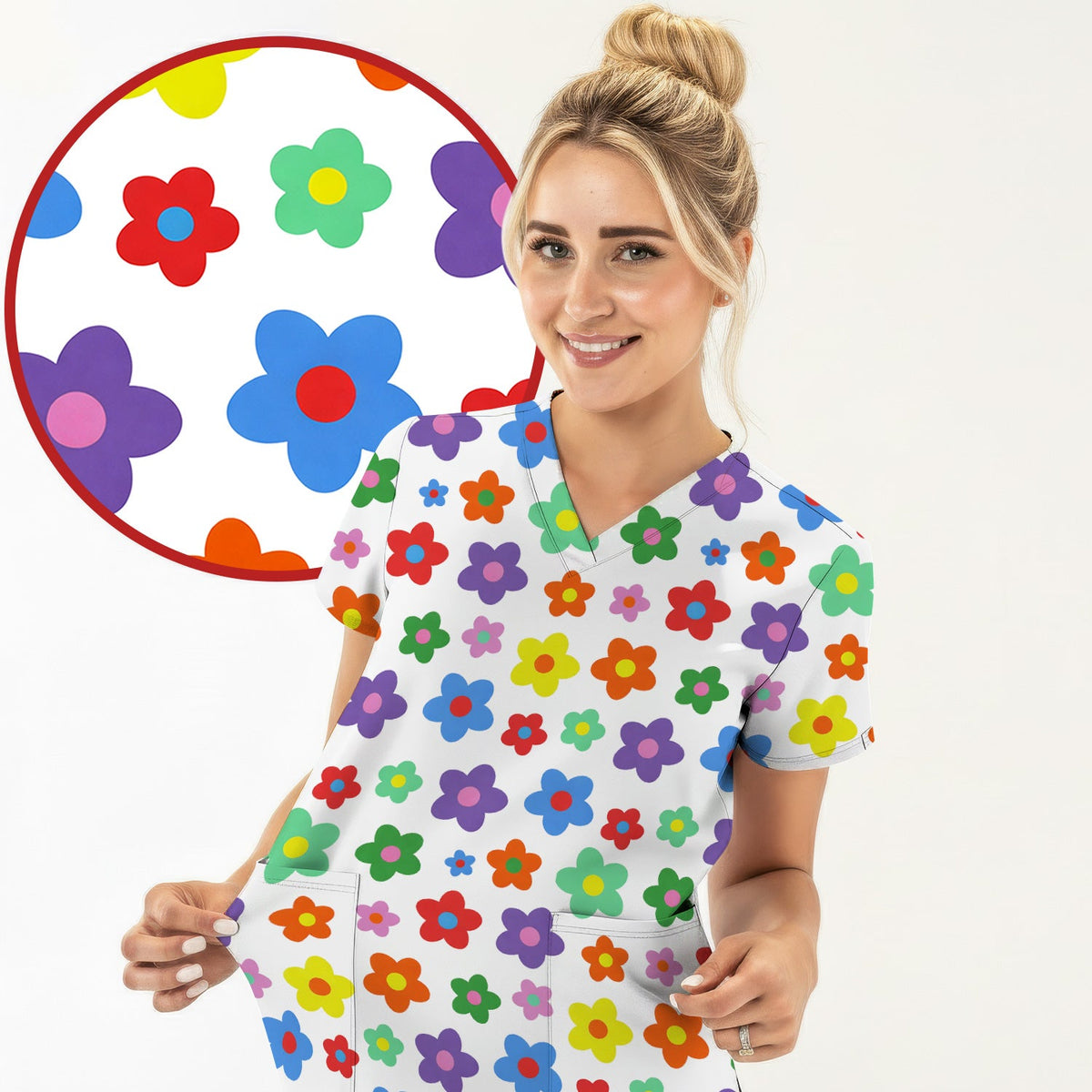 Colorful Retro Flower Nurse Scrub Top