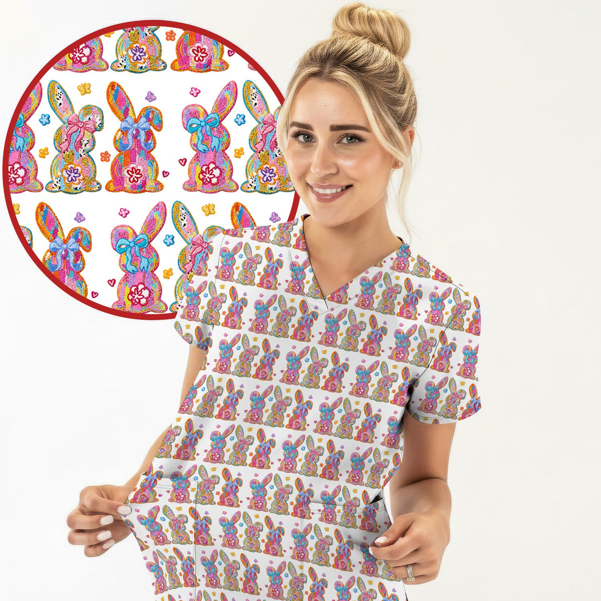 Pastel Bunny Floral Nurse Scrub Set