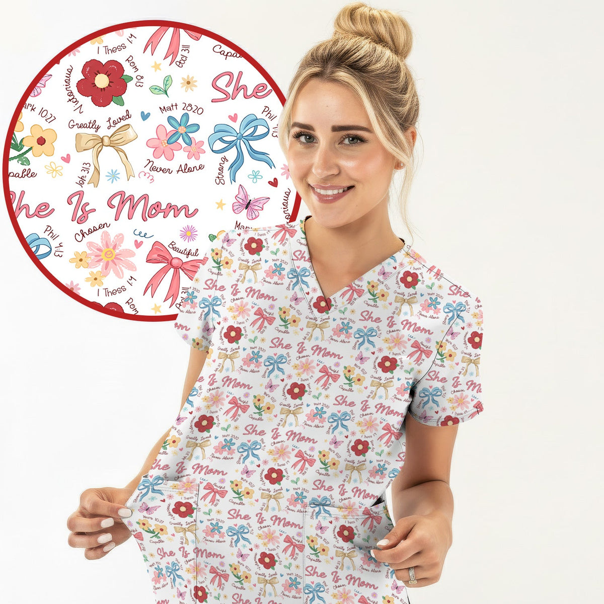 She Is Mom Flower Bow Nurse Scrub Set
