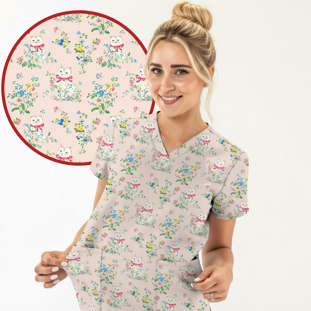 Vintage Floral Cat Nurse Scrub Top