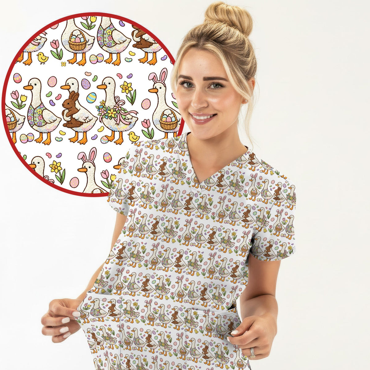 Duck Bunny Egg Floral Nurse Scrub Top - Easter Gift