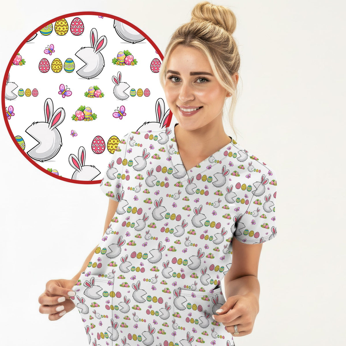 Bunny Colorful Eggs Nurse Scrub Set - Easter Gift