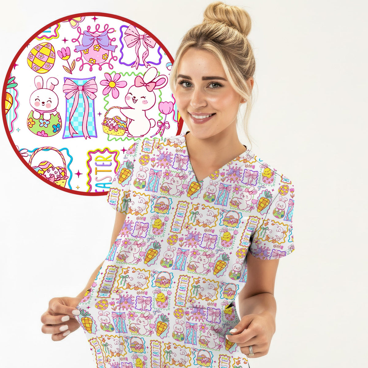Cute Easter Bunny Egg and Bow Print Scrub Set, Scrub Pants and V Neck Top