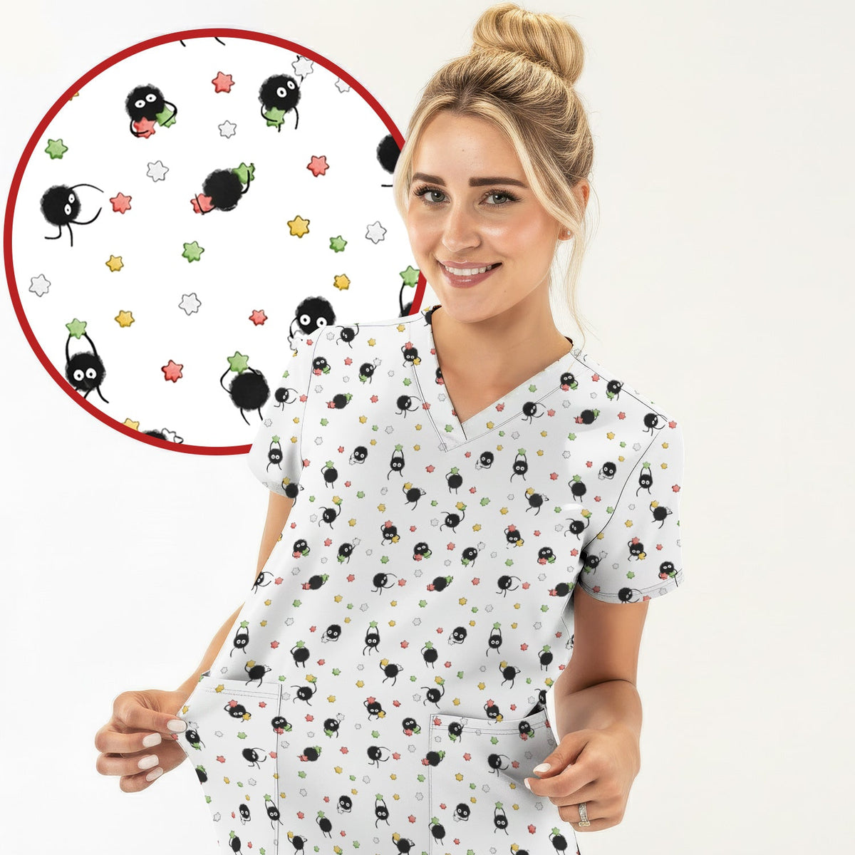 Funny Spider Pattern  Scrub Top, Cartoon Spider Pattern Nursing Uniform For Women