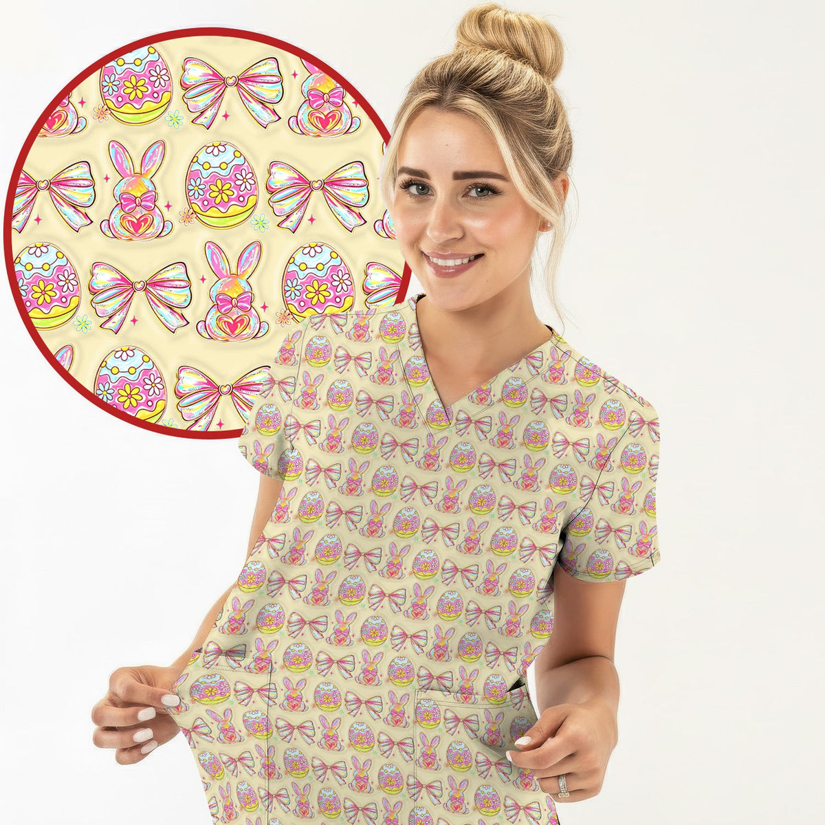 Bunny Pastel Egg Bow Nurse Scrub Top - Easter Gift