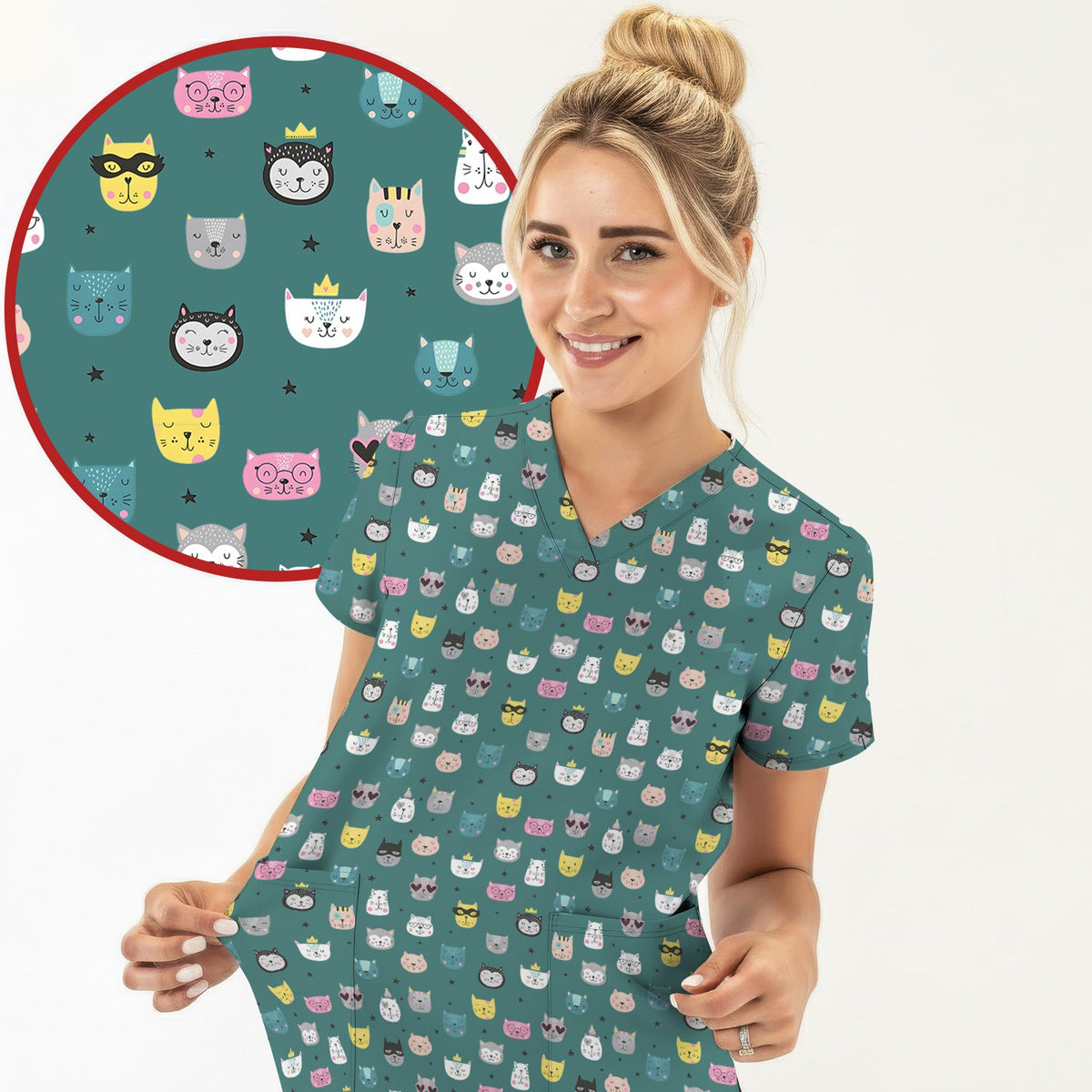 Colorful Cat Nurse Scrub Top