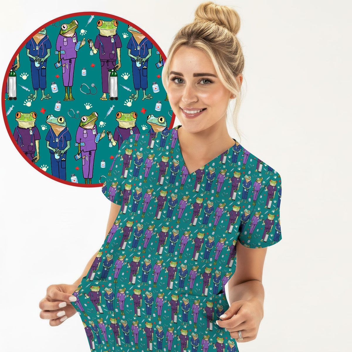 Frog Print Nurse Scrub Top