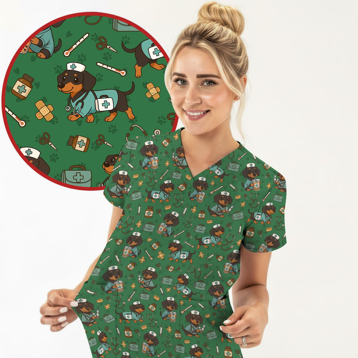 Funny Dachshund Nurse Scrubs - Cute Dog Print Medical Shirt - Holiday Nurse Scrub Top Gift for RN CNA Doctor, Women & Men