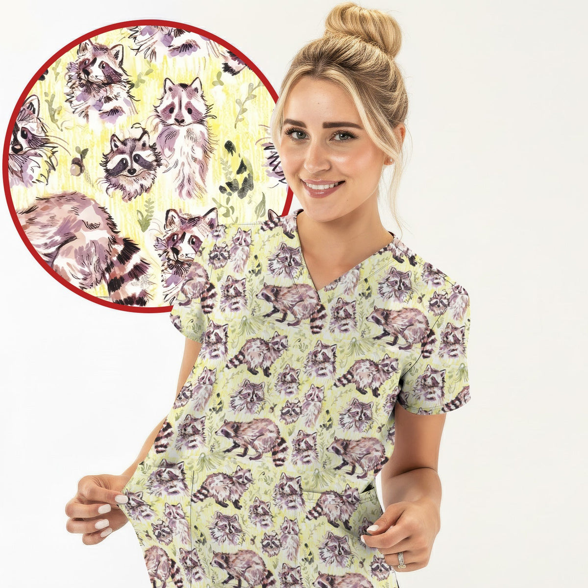 Woodland Raccoon Forest Nurse Scrub Top