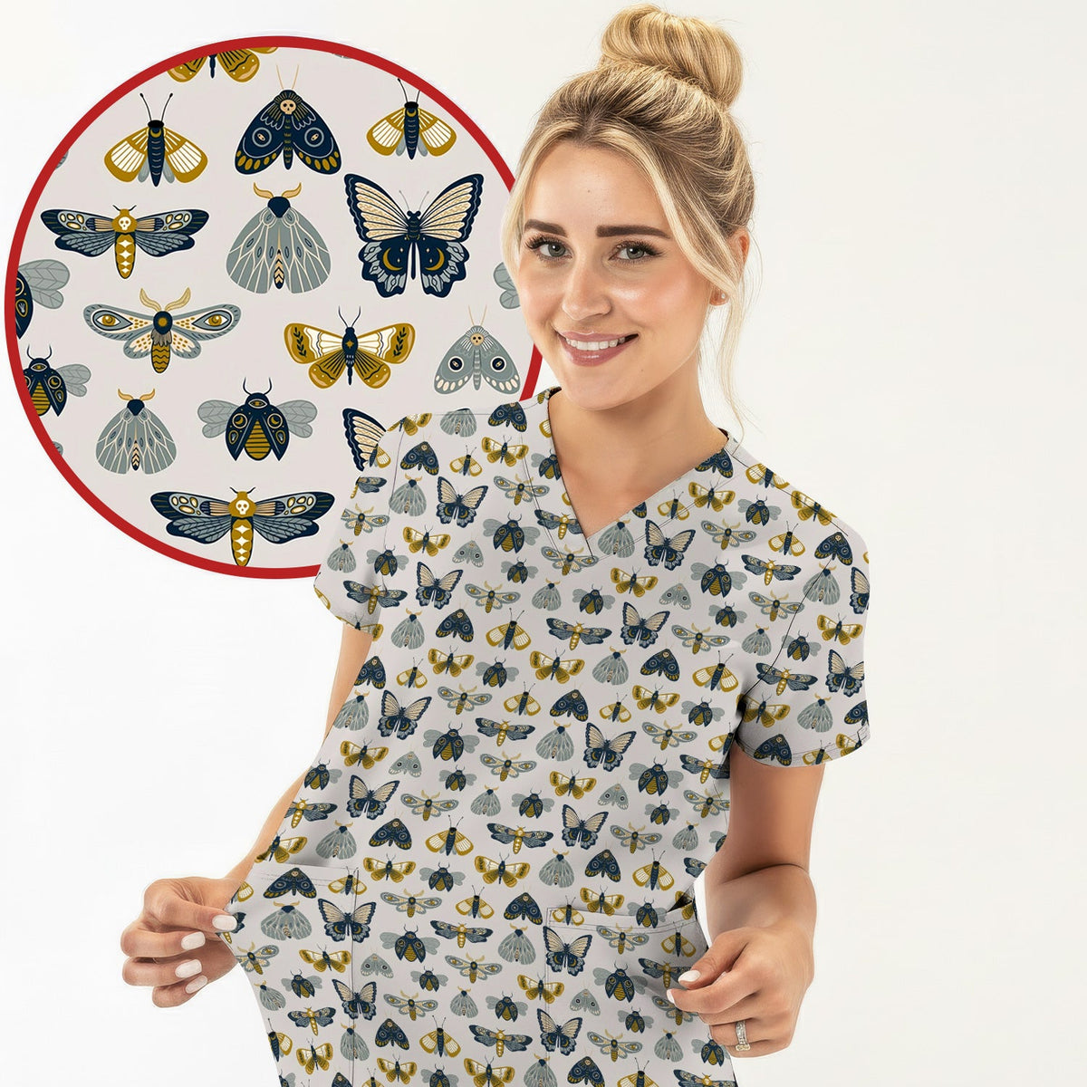 Vintage Butterfly Moth Insect Nurse Scrub Top