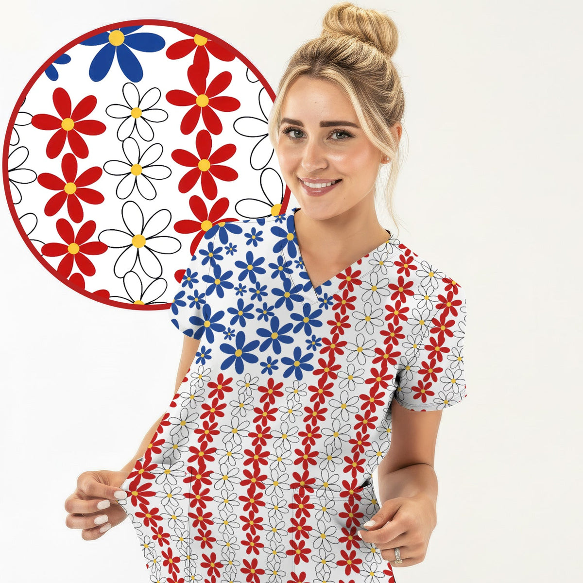 Retro Red Blue Daisy Nurse Scrub Top