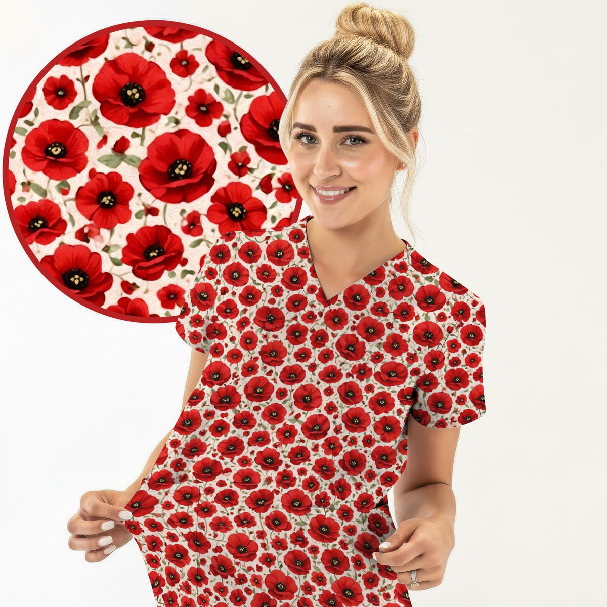 Red Poppy Flower Garden Nurse Scrub Top