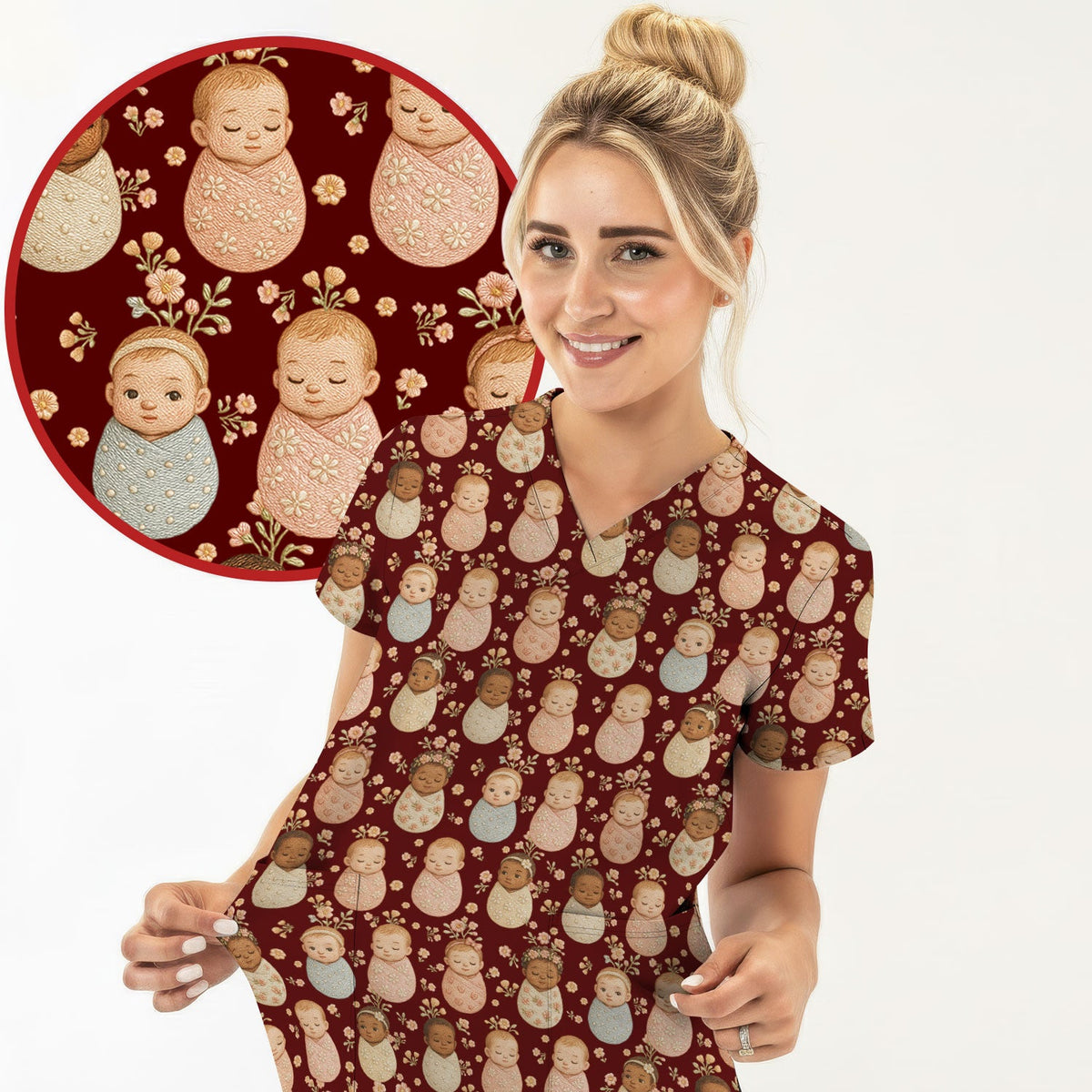 Sweet Newborn Baby Floral Print Women's Scrub Set, Breathable Med Uniform