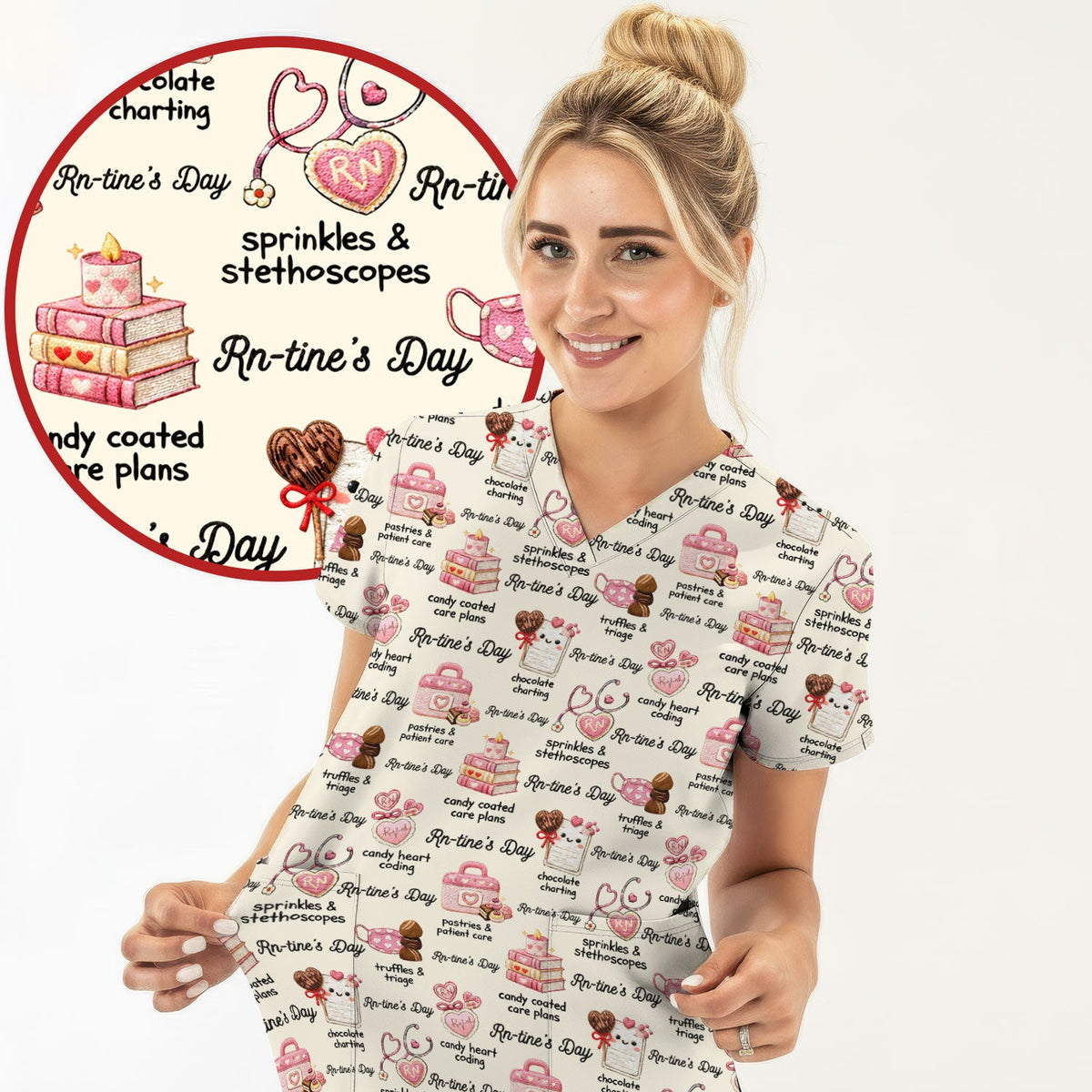 RN Sweets Valentine Stethoscope Nurse Scrub Top