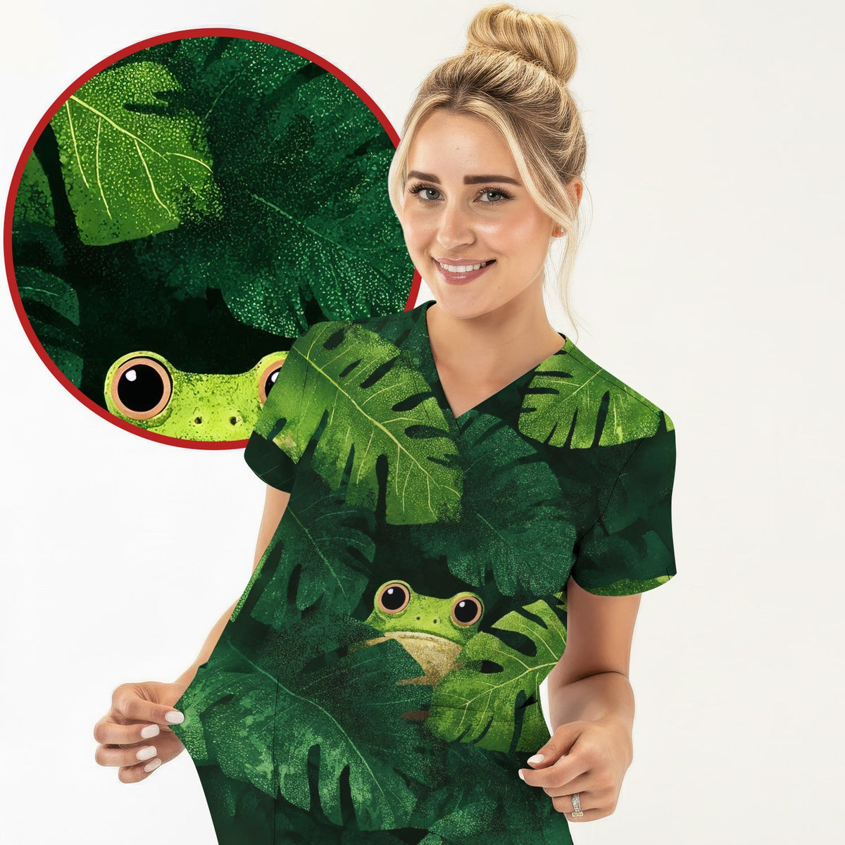 Frog Jungle Leaves Nurse Scrub Top