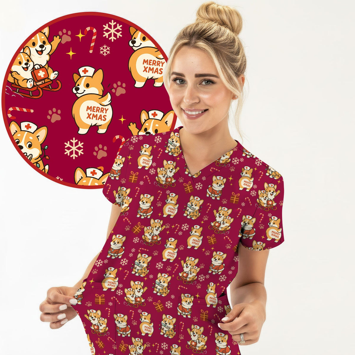 Cute Corgi Dog Scrubs for Christmas - Festive Puppy Pattern Medical Scrub Top - Holiday Christmas Scrubs with Charming Corgi Print