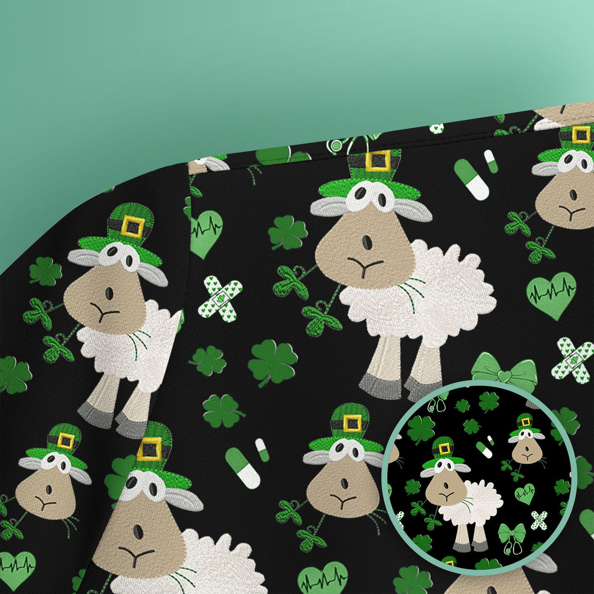 Nurse St. Patrick's Day Scrubs Top, Cute Sheep Shamrock Pattern Nurse Shirt, Breathable Fabrics Nursing Uniform