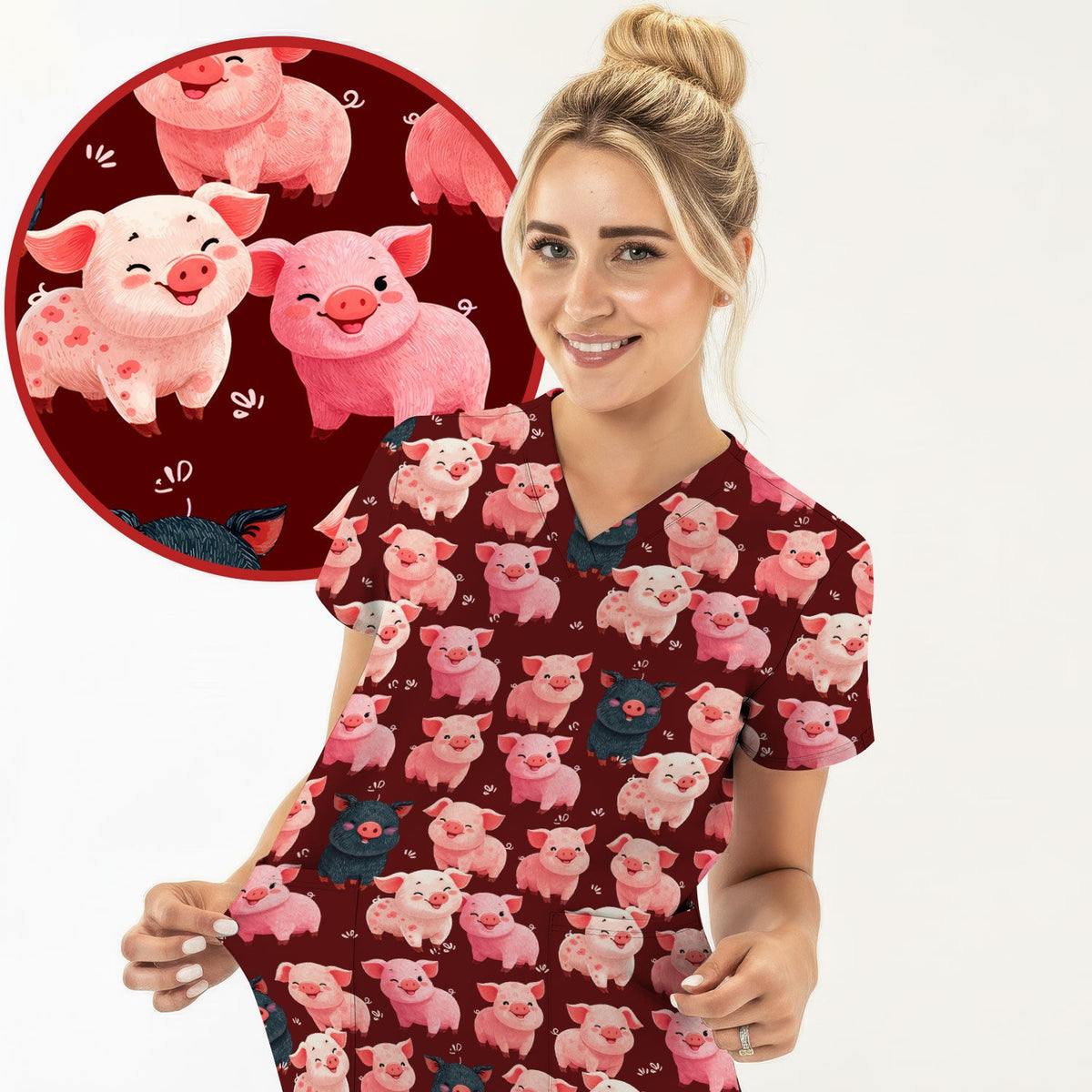 Funny Farm Pig Cartoon Pattern Scrub Top, Comfortable Scrubs for Nurses
