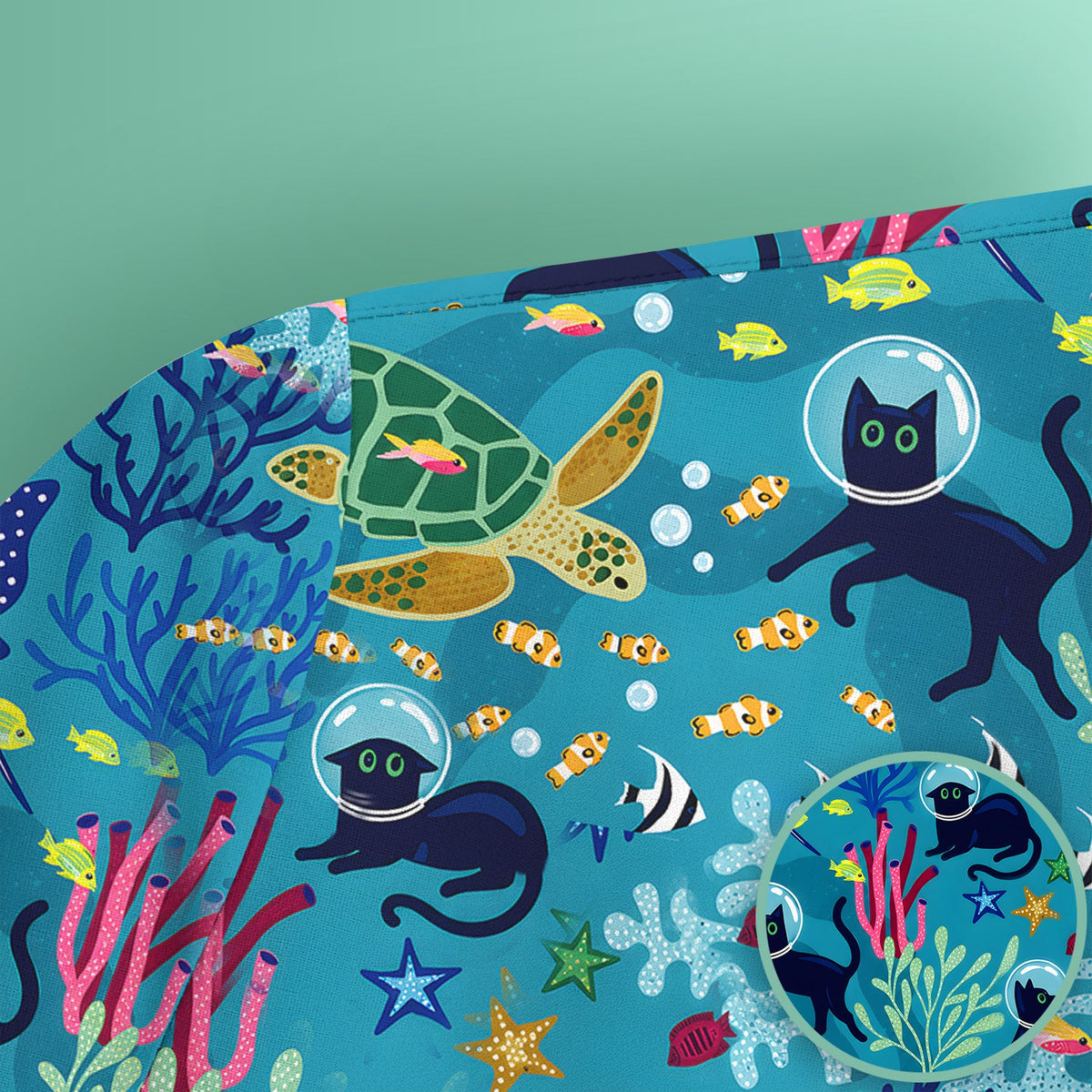 Underwater Cat Turtle Veterinary Pattern Scrub Top for RN, CNA, Ocean Medical Uniform