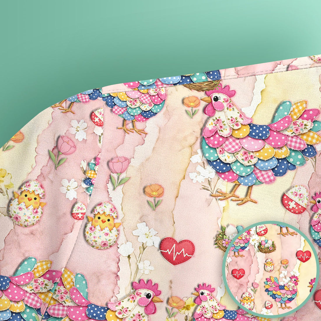 Colorful Chicken Easter Eggs Heart Nurse Scrub Top