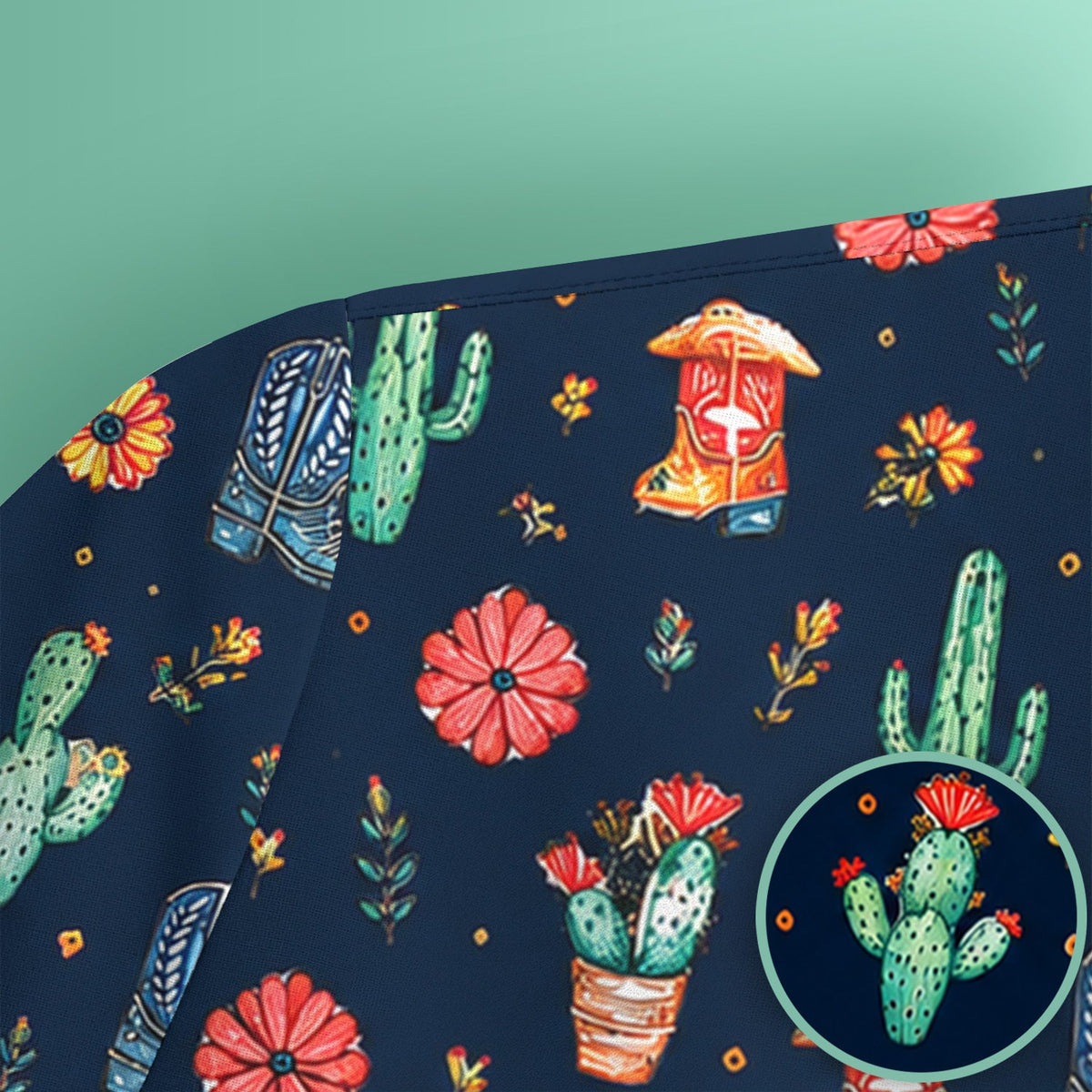 Whimsical Western Cactus Boots Pattern Scrub Top, Breathable Fabrics Nursing Uniform