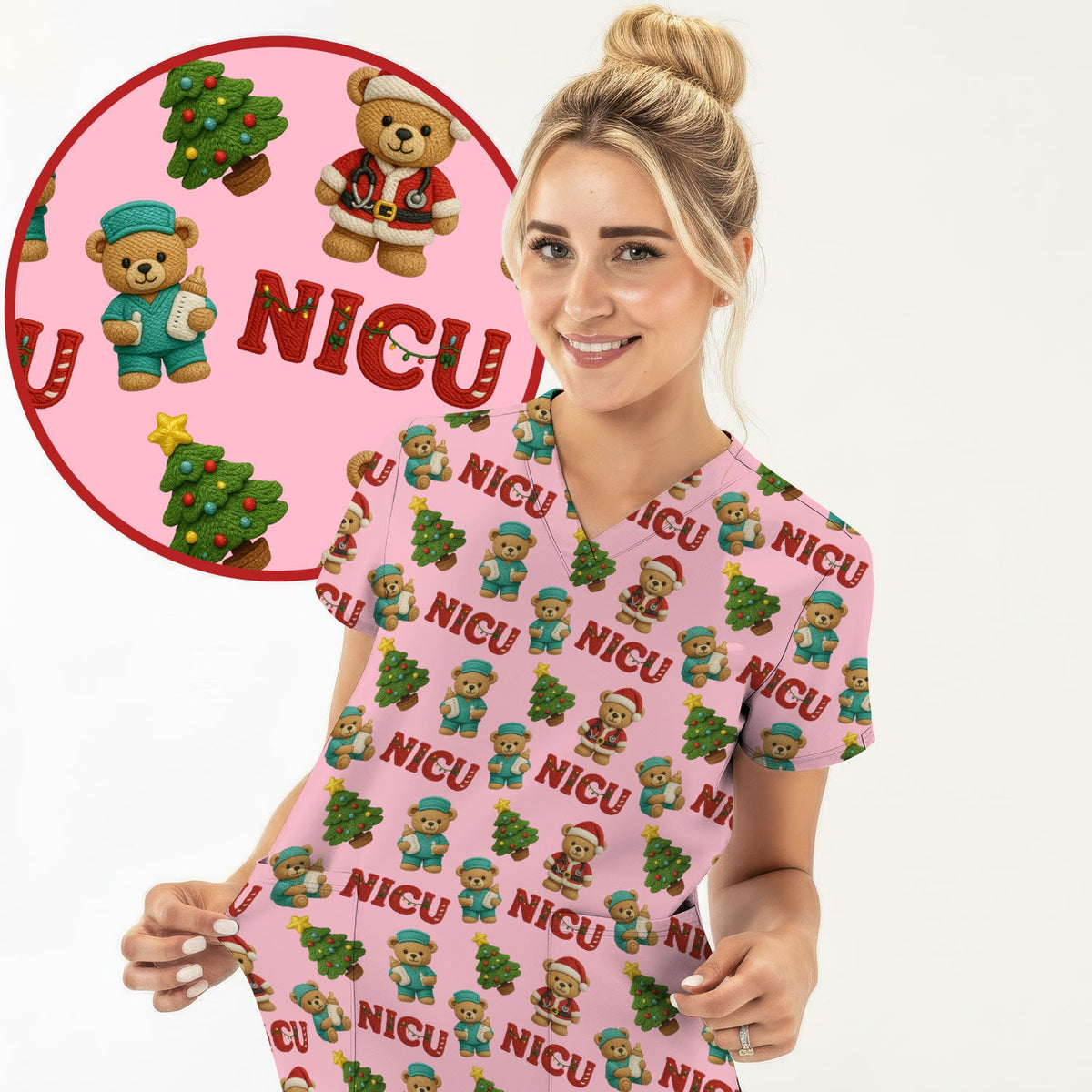 NICU Nurse Teddy Bear Scrub Top - Christmas Gift