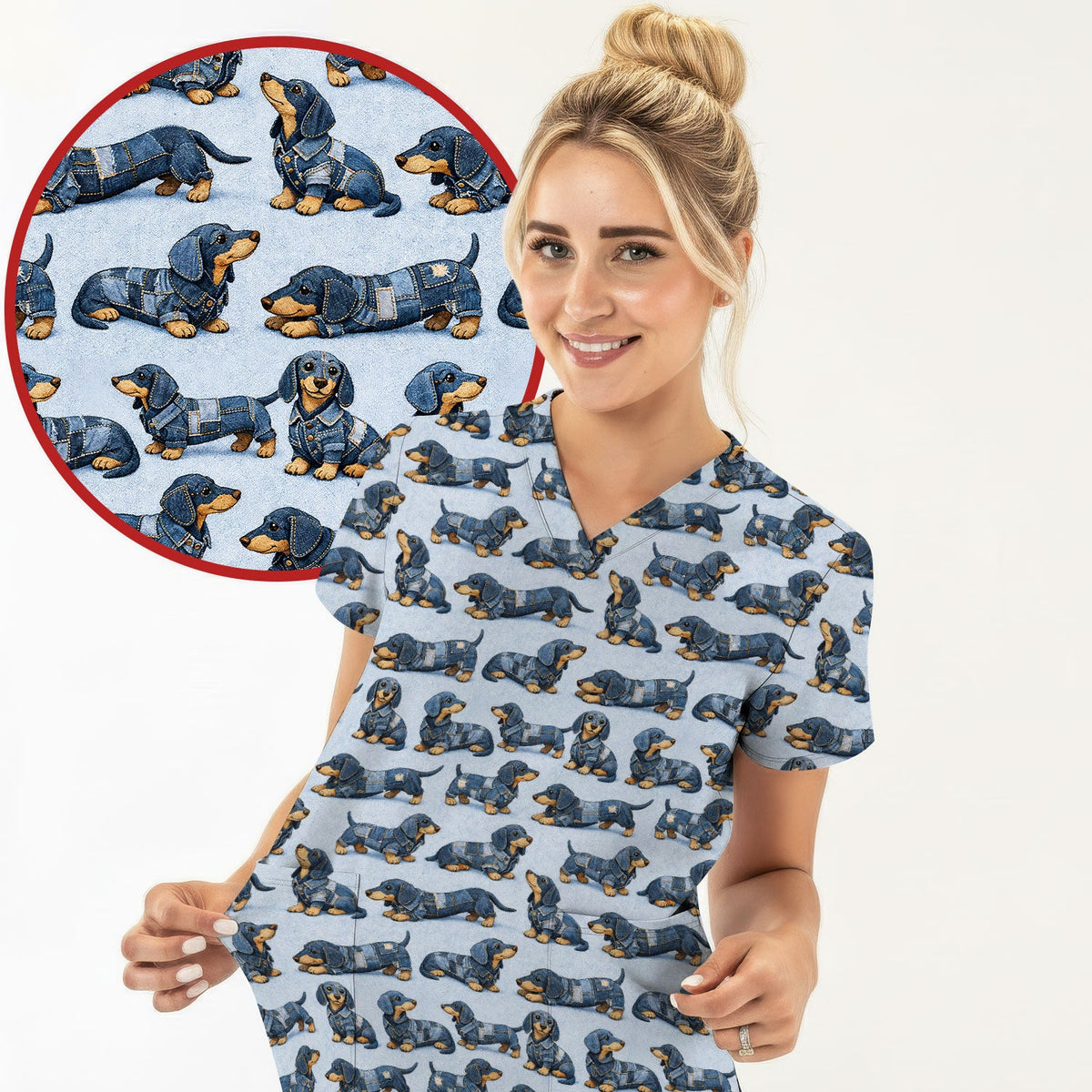 Denim Dachshund Dog Pattern Scrub Top, Breathable Fabrics Nursing Uniform