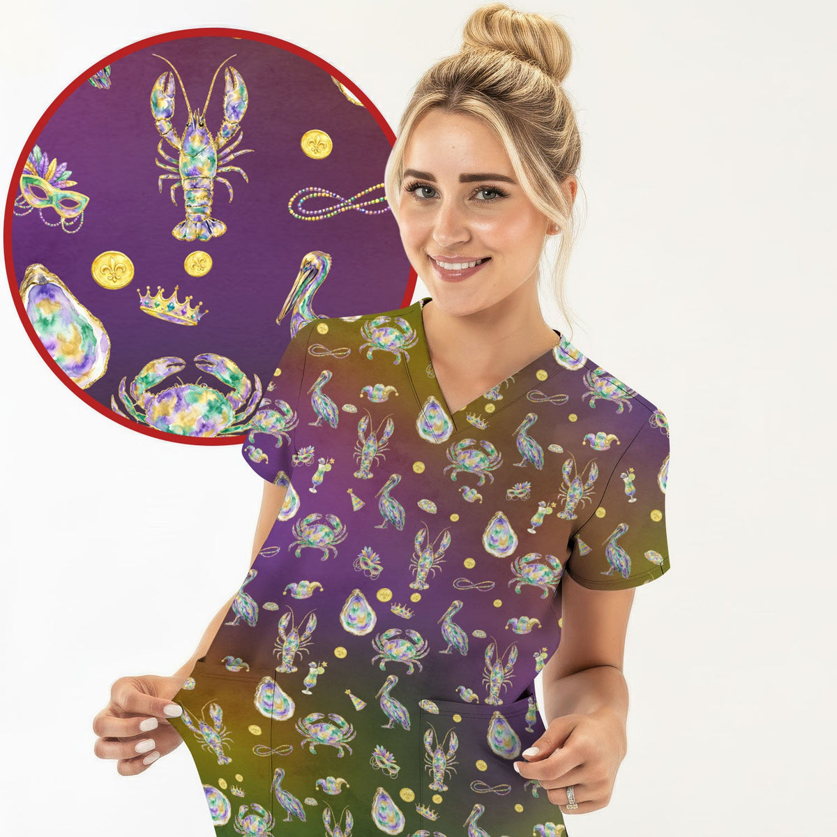 Mardi Gras Seafood Nurse Scrub Top