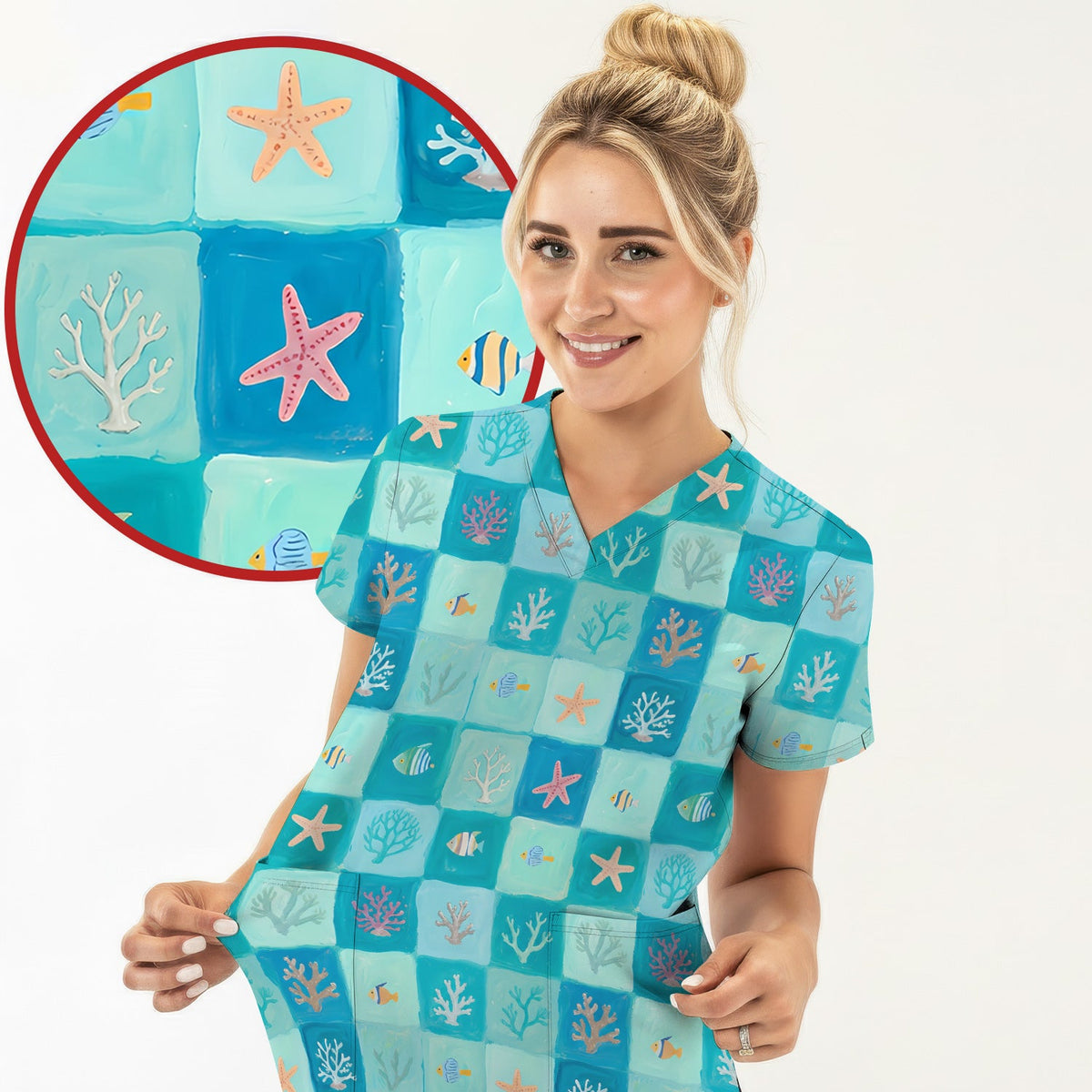 Ocean Coral Fish Checkered Nurse Scrub Top