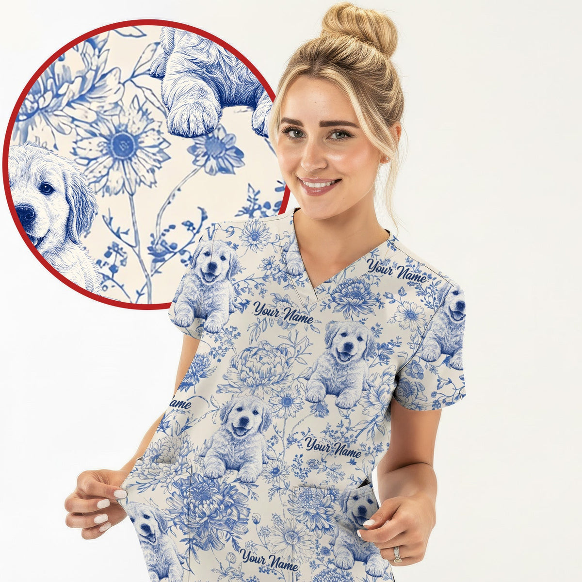 Personalized Pet Photo Floral Nurse Scrub Top