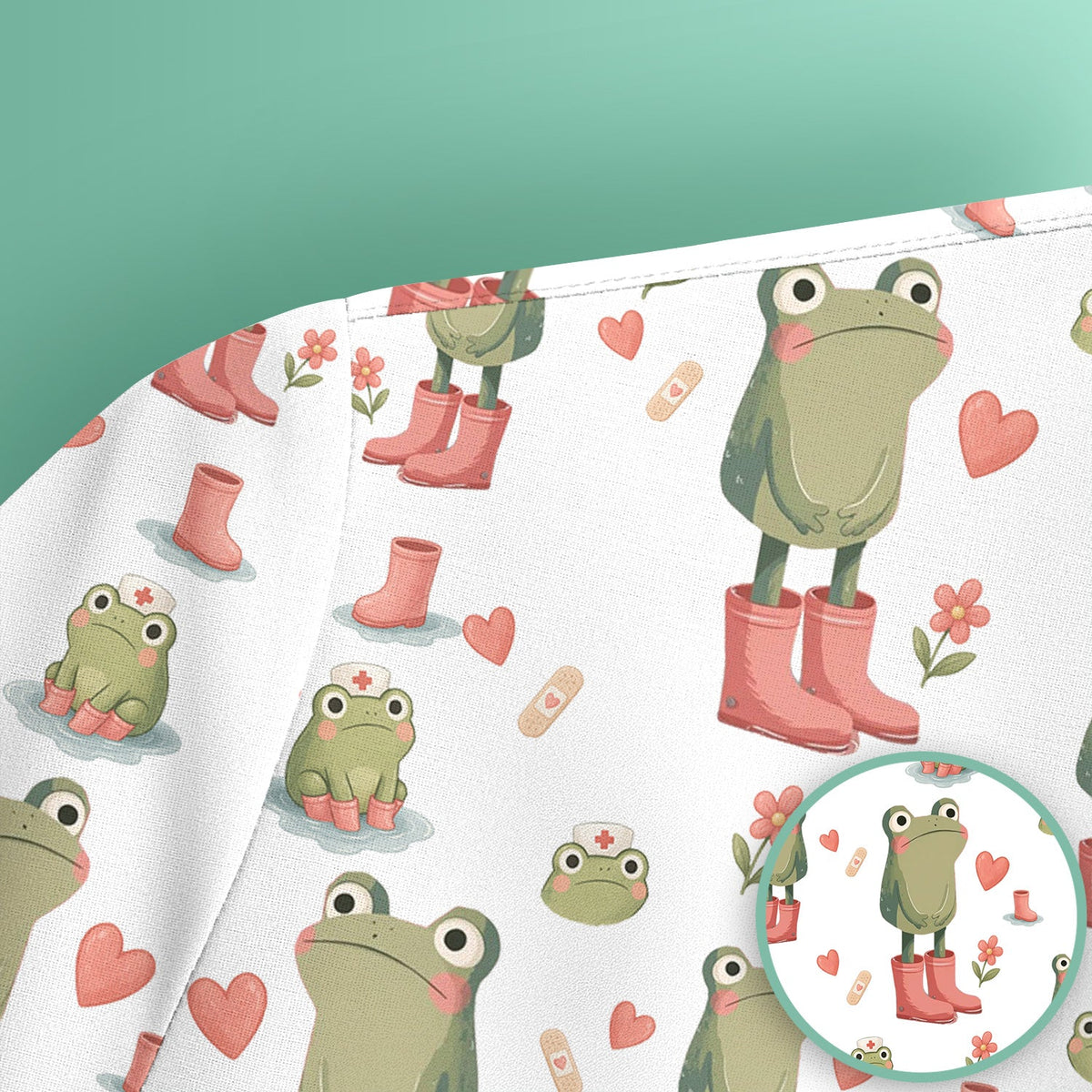 Adorable Frog Boots Heart Pattern Scrub Top, Comfortable Scrubs for Nurses
