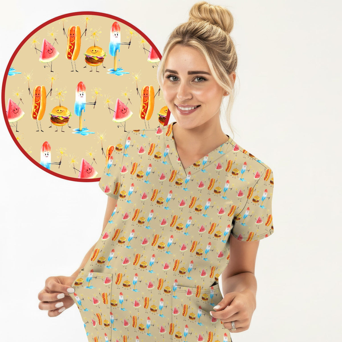 Summer Food Icons Nurse Scrub Top