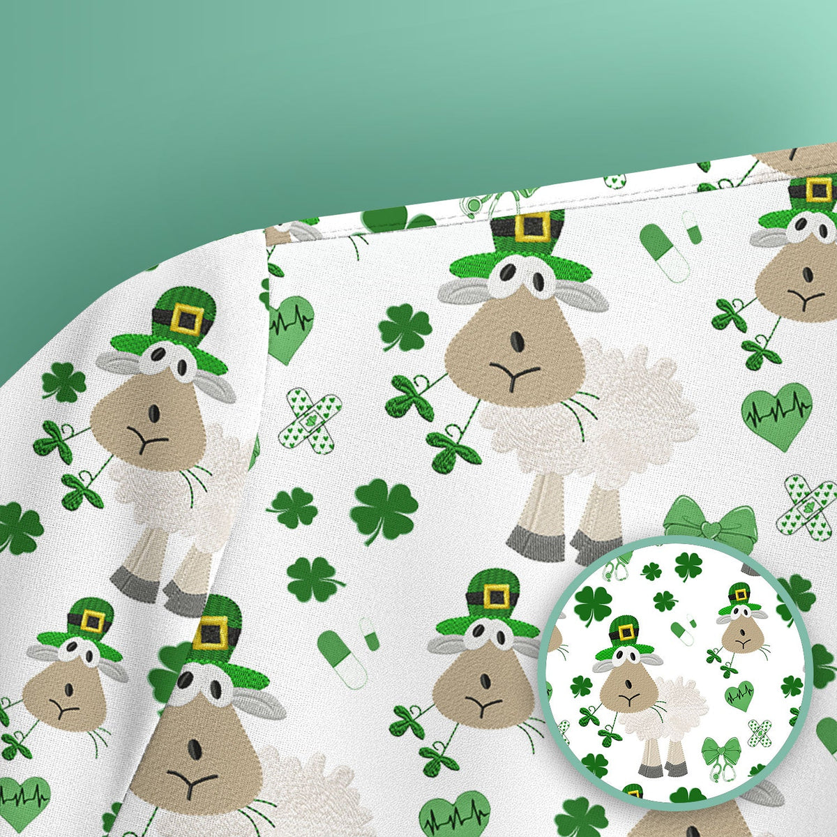 Nurse St. Patrick's Day Scrubs Top, Cute Sheep Shamrock Pattern Nurse Shirt, Breathable Fabrics Nursing Uniform