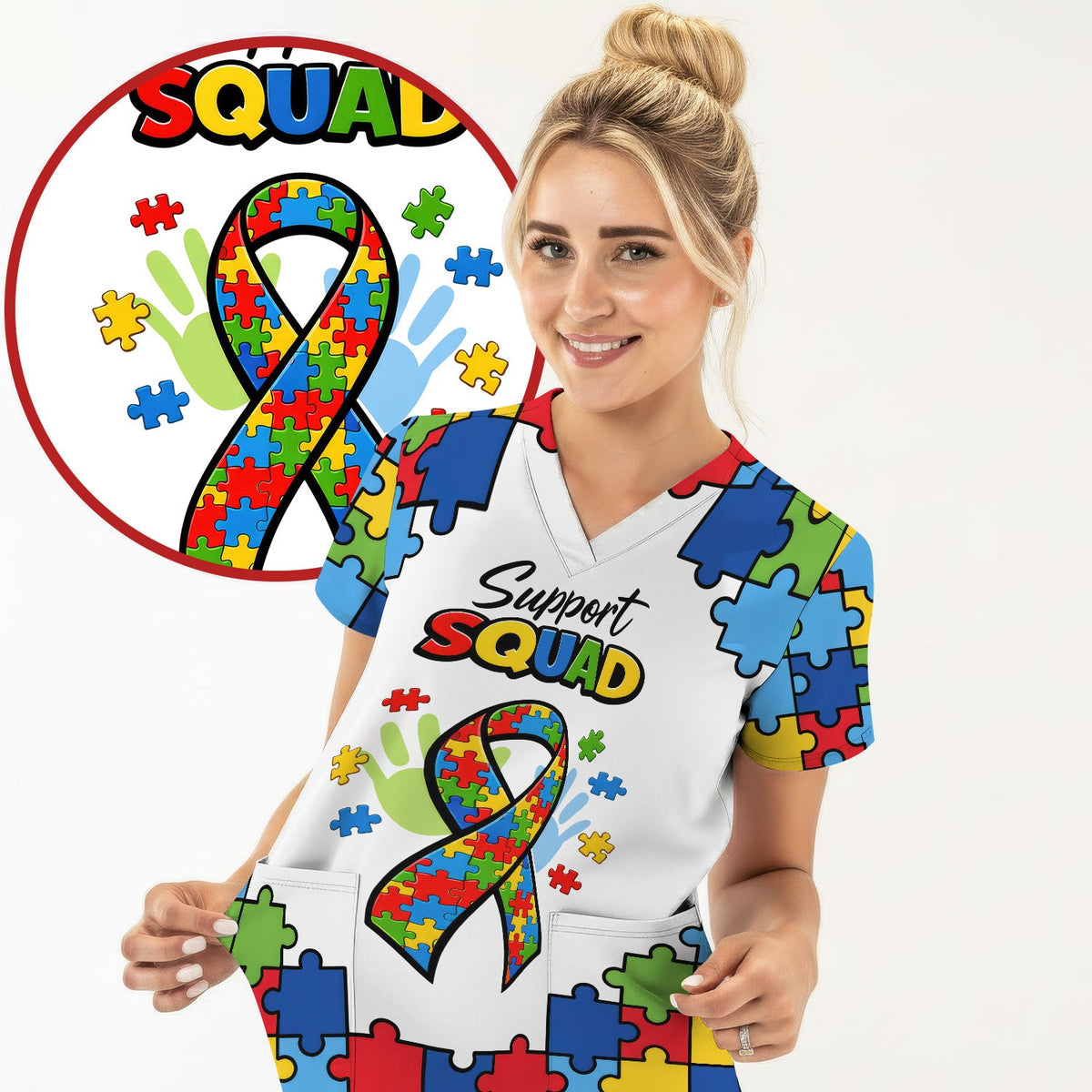 Autism Support Squad Puzzle Ribbon Nurse Scrub Top