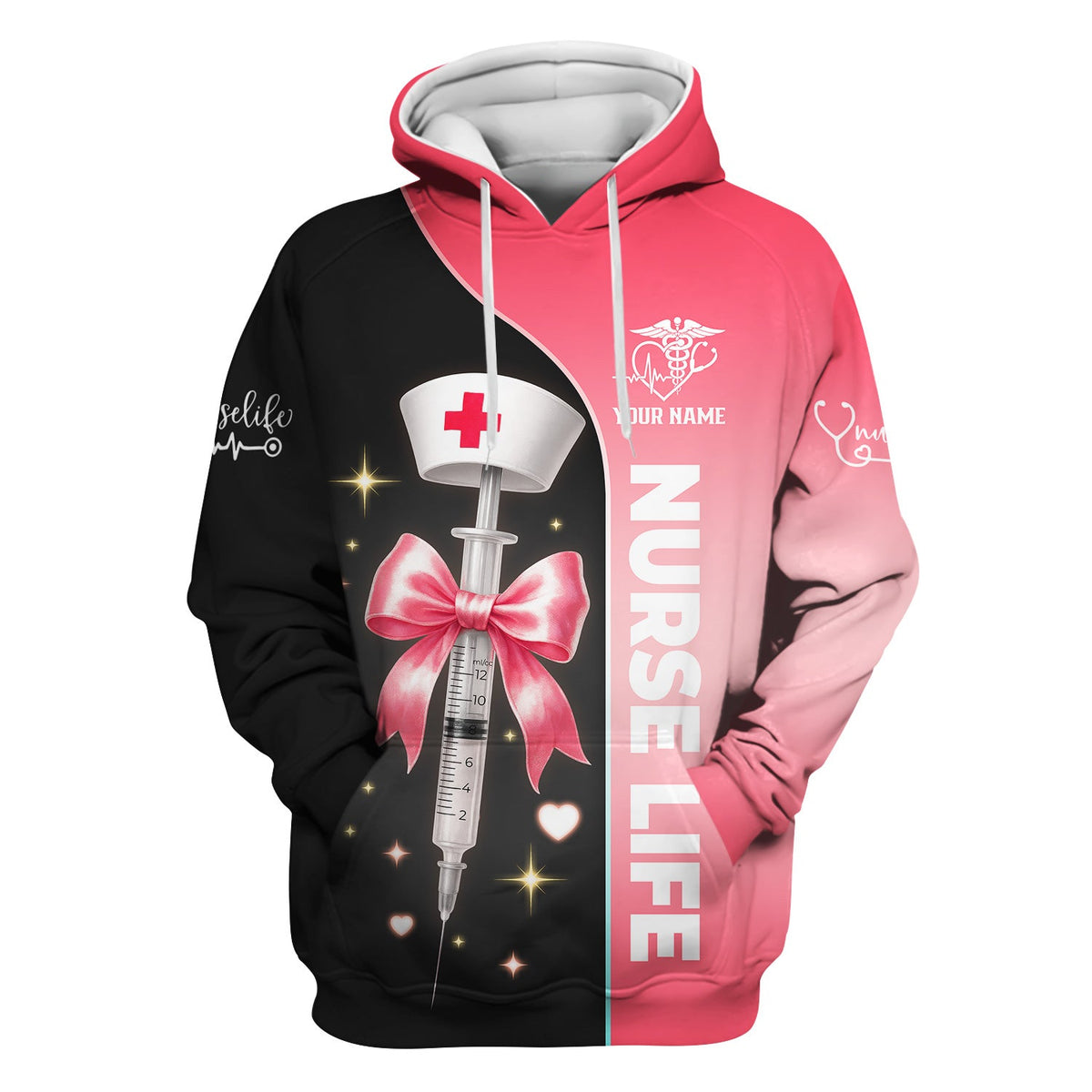Personalized Nurse Life Scrubs for Women RN LPN CNA - Cute Pink and Black Syringe Bow Design - Funny Medical Quote Gift for Healthcare Workers in Nursing Field