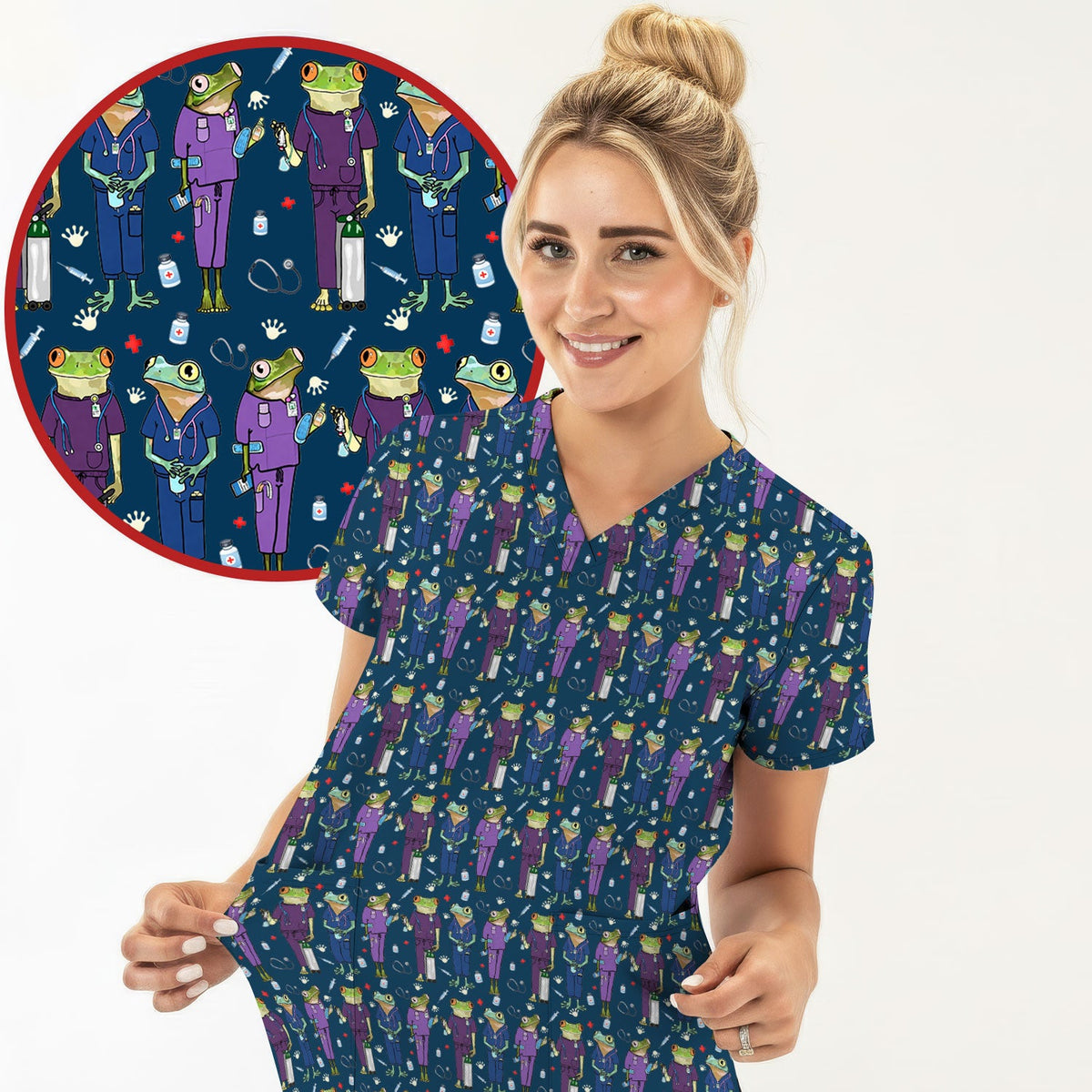 Frog Print Nurse Scrub Top