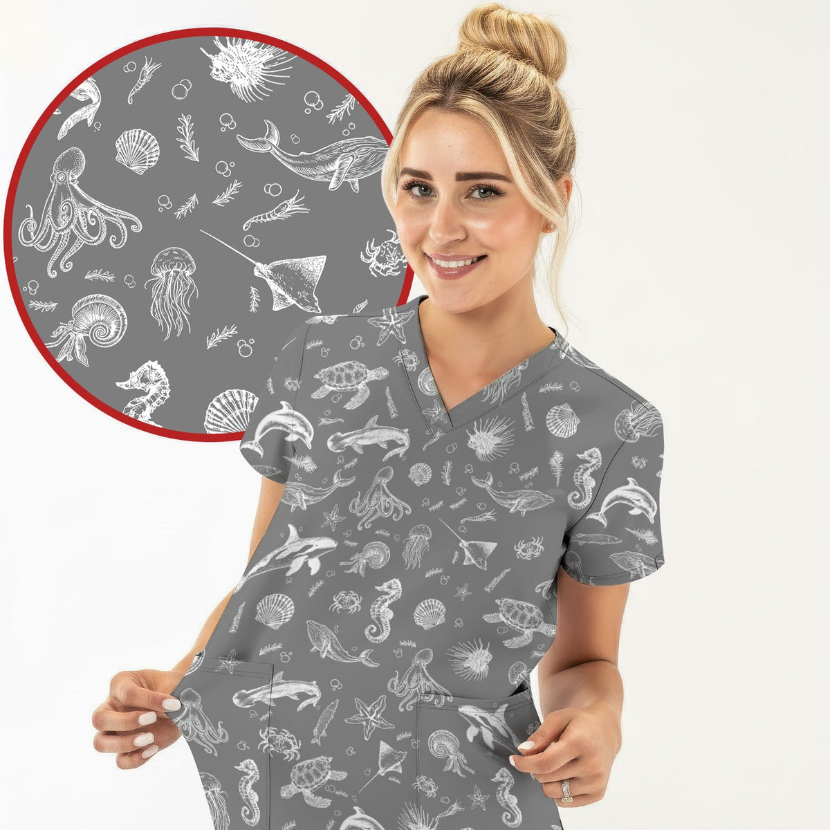 Marine Sea Life Nurse Scrub Top