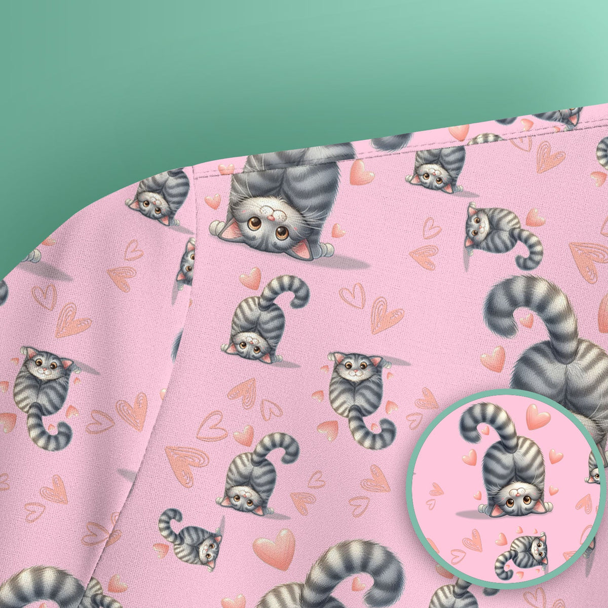Valentine Cute Cat Scrub Top, Cat Heart Pattern Nurse Uniform, Comfortable Scrubs For Nurses