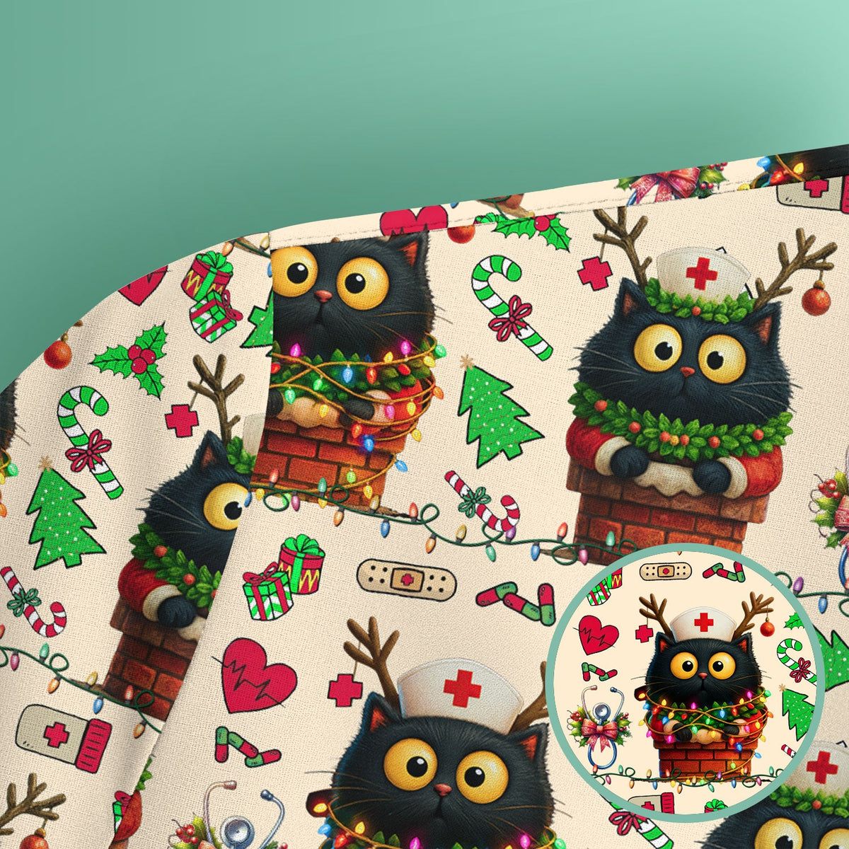Reindeer Cat Christmas Lights Nurse Scrub Top