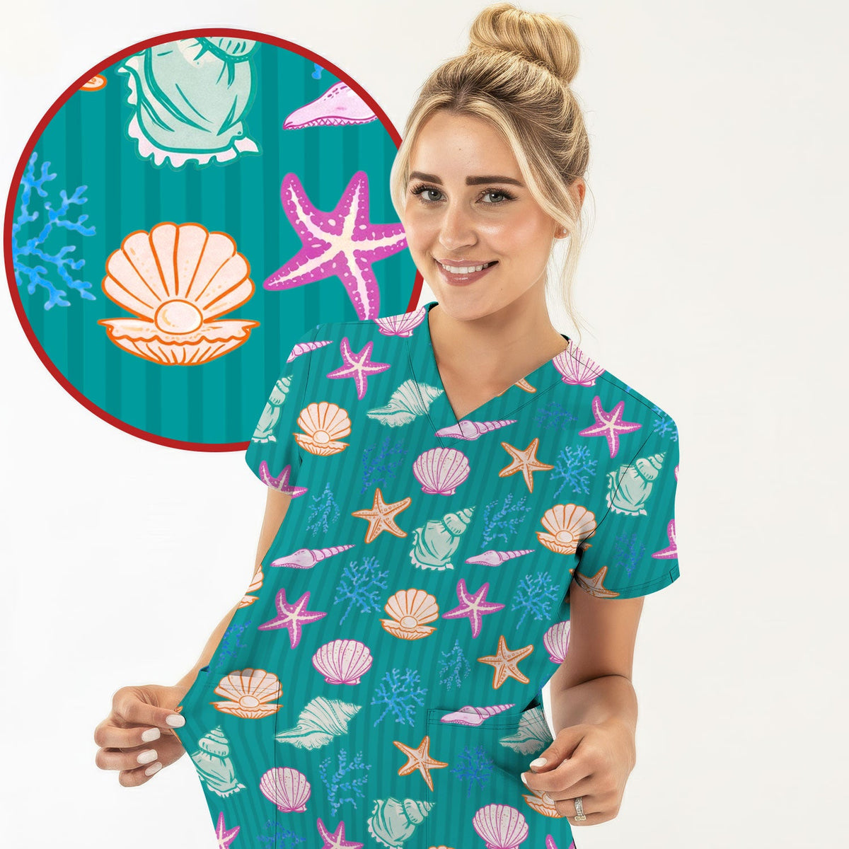 Colorful Seashell Starfish Ocean Stripe Nurse Scrub Top