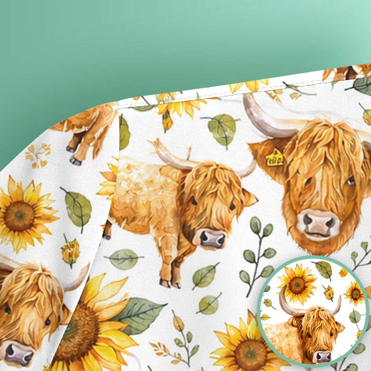 Highland Cow Sunflower Pattern Nurse Scrub Top