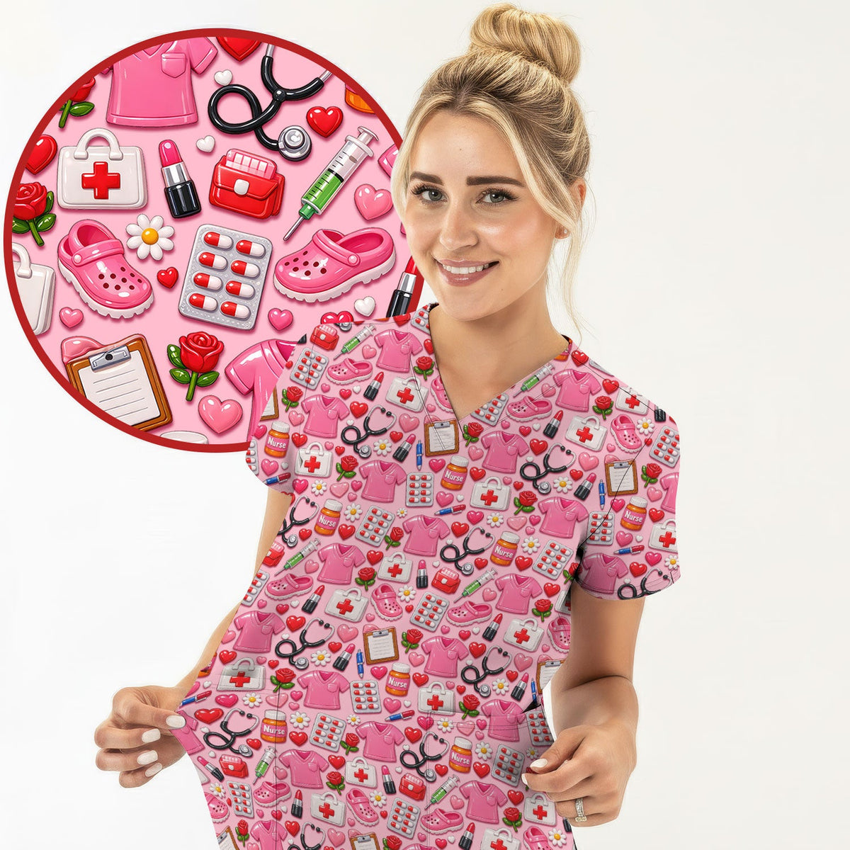 Medical Icons Scrub Top, Cute Pattern Nurse Shirt, Breathable Fabrics Nursing Uniform