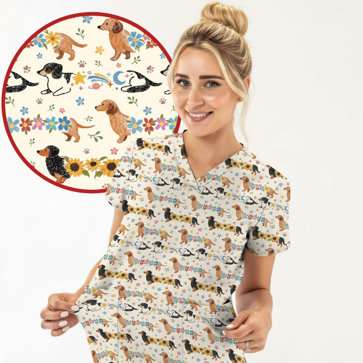 Floral Wiener Dog Nurse Scrub Top